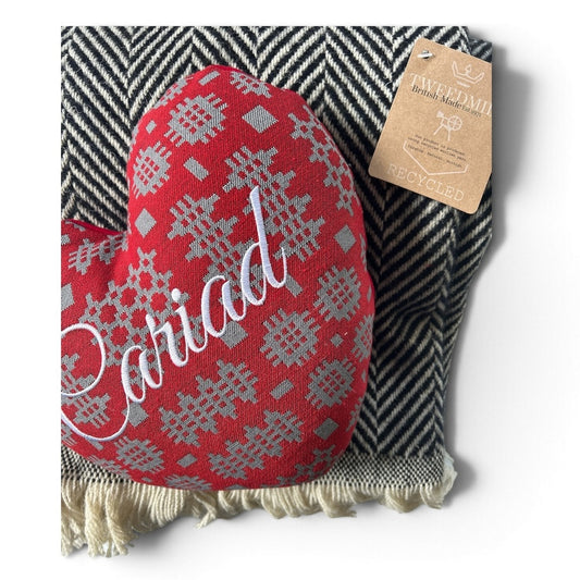 Welsh Red Tapestry Heart Cushion with Cariad Wording
