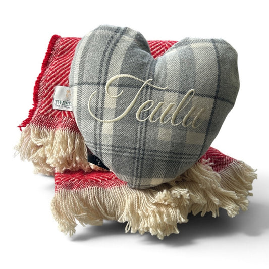 Welsh Blanket Heart Shaped Cushion with Teulu