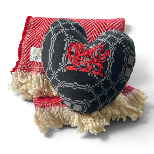 Black Welsh Blanket Heart Cushion with Embroidered Red Dragon