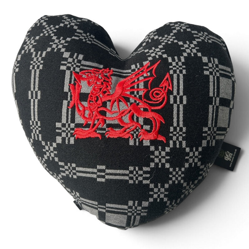 Black Welsh Blanket Heart Cushion with Embroidered Red Dragon