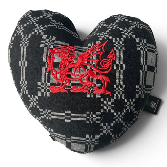 Black Welsh Blanket Heart Cushion with Embroidered Red Dragon