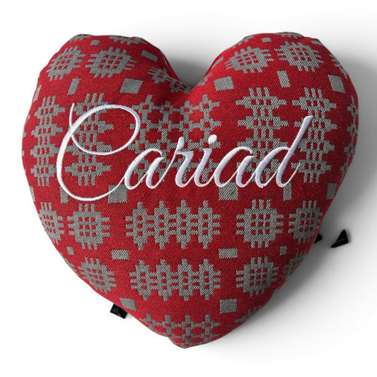 Welsh Red Tapestry Heart Cushion with Cariad Wording