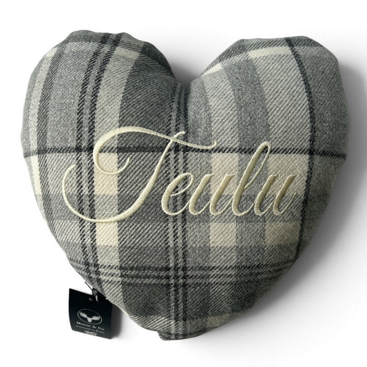 Welsh Blanket Heart Shaped Cushion with Teulu