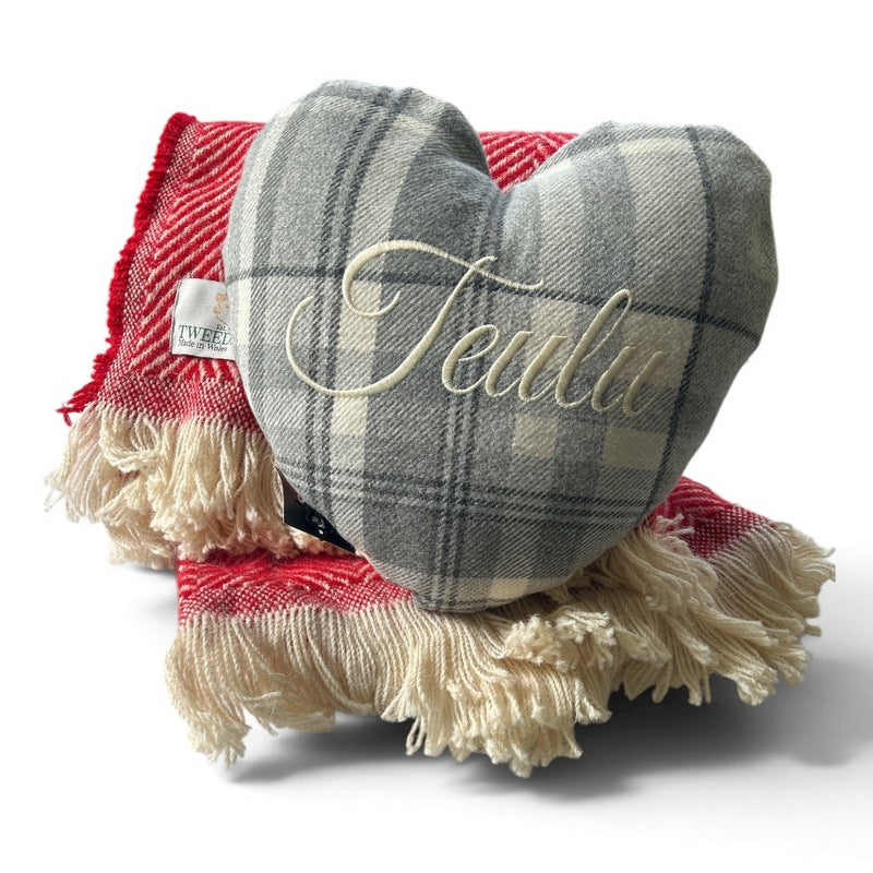 Welsh Blanket Heart Shaped Cushion with Teulu