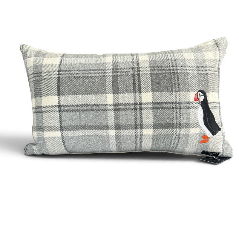 Grey Welsh Blanket Cushion with Puffin
