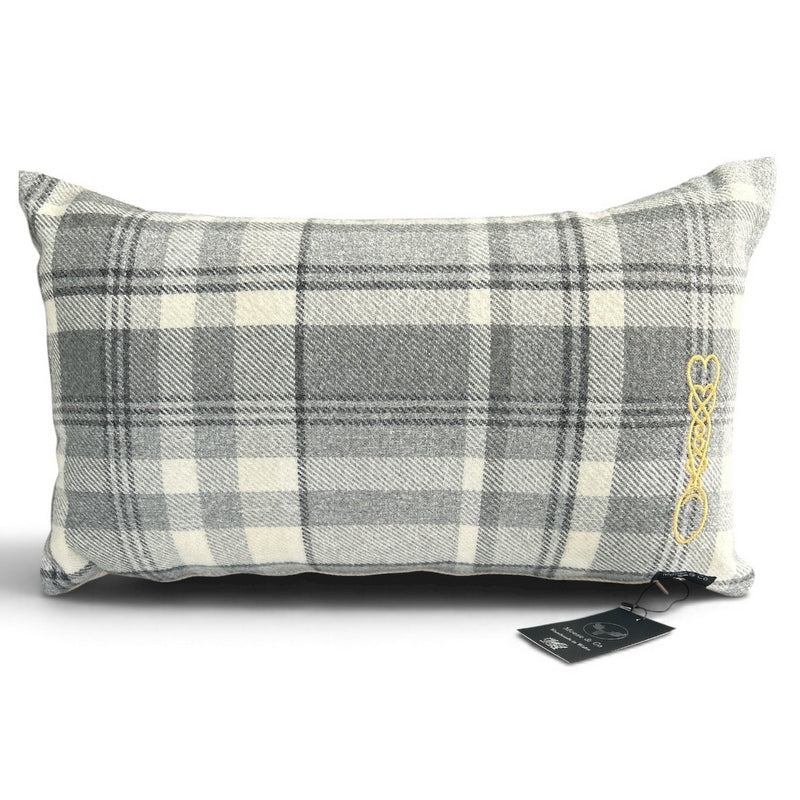 Grey Check  Blanket Cushion with Welsh Love Spoon