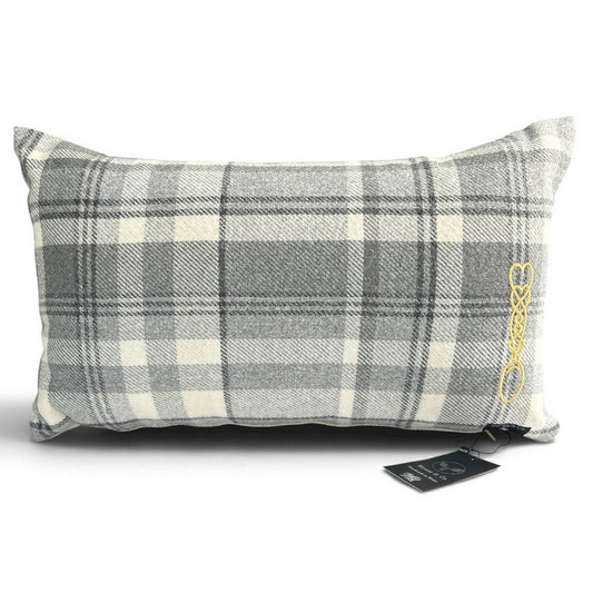 Grey Check  Blanket Cushion with Welsh Love Spoon