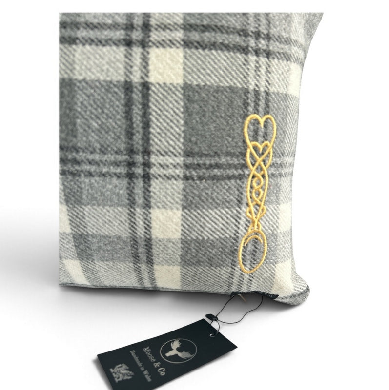 Grey Check  Blanket Cushion with Welsh Love Spoon