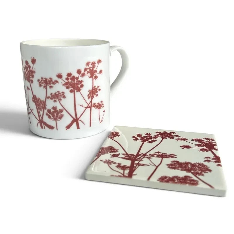 Pembrokeshire Creations & Beyond white porcelain mug and square coaster set with a deep red cow parsley botanical print