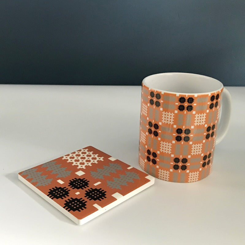 Orange Welsh Tapestry Design Mug & Coaster Set